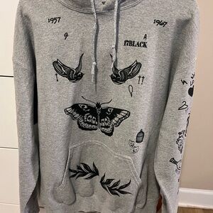 Gray Graphic Hoodie with Black Illustrations